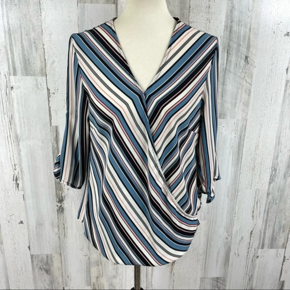 W5 Women’s Blue Stripe Tie Sleeve V‎ Neck Faux Wrap Boho Blouse Top Shirt Size M